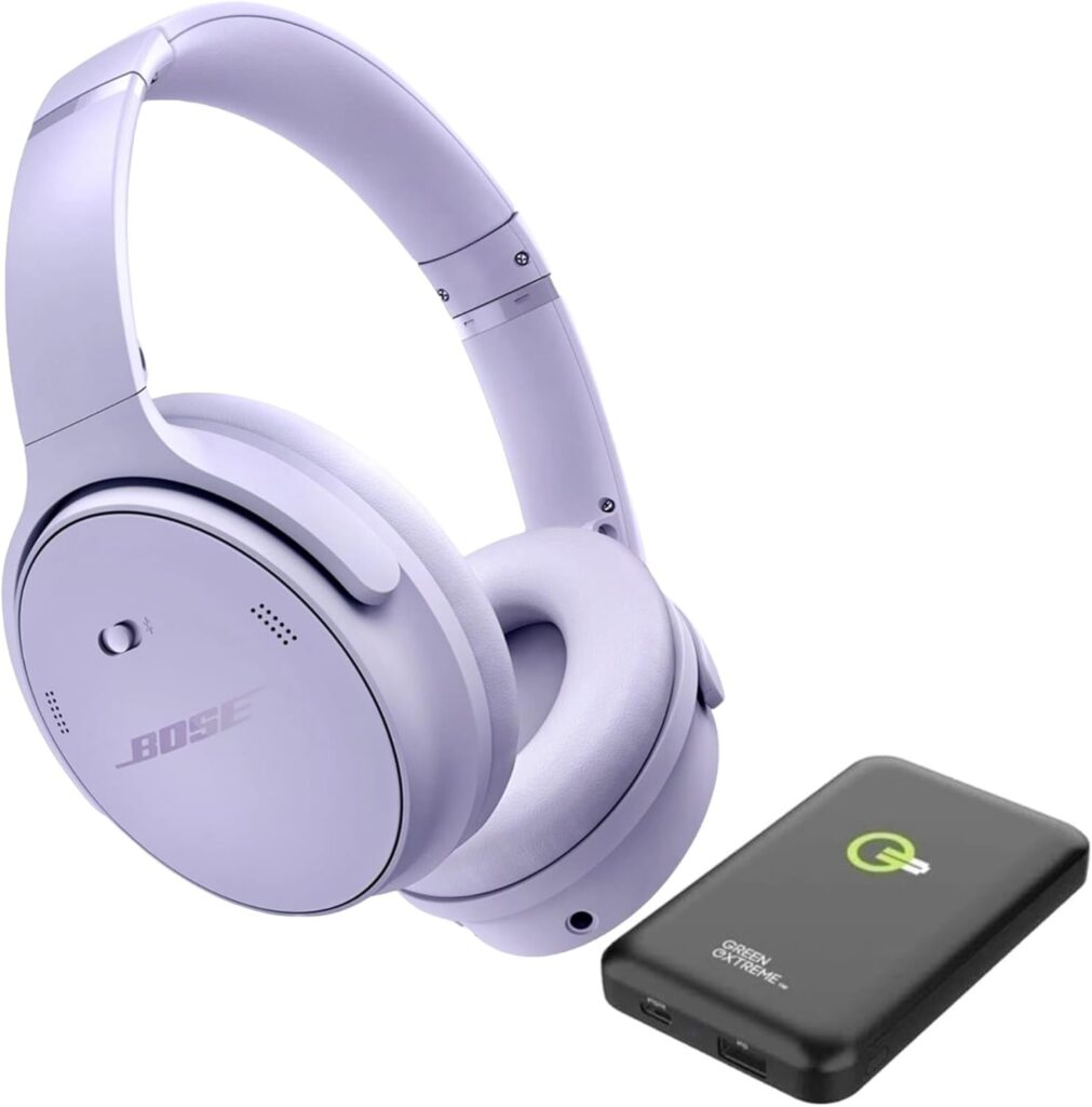 Bose QuietComfort Wireless Noise Cancelling Headphones, Bluetooth Over Ear Headphones Bundle with Green Extreme Wireless Portable Charger, (Chilled Lilac)