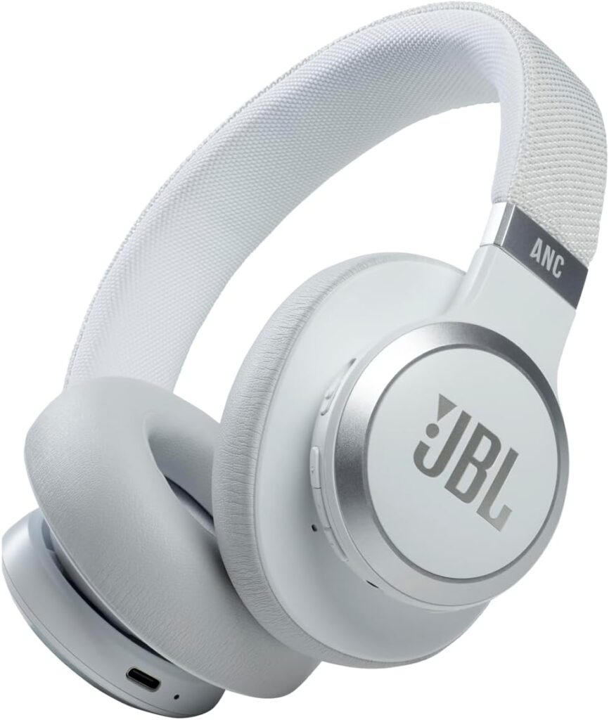 JBL Live 660NC - Wireless Over-ear Noise Cancelling headphones, JBL Signature Sound, Voice Assist, Up to 50Hrs of Battery with Speed Charging, Comfort-fit fabric headband and carrying pouch (White)