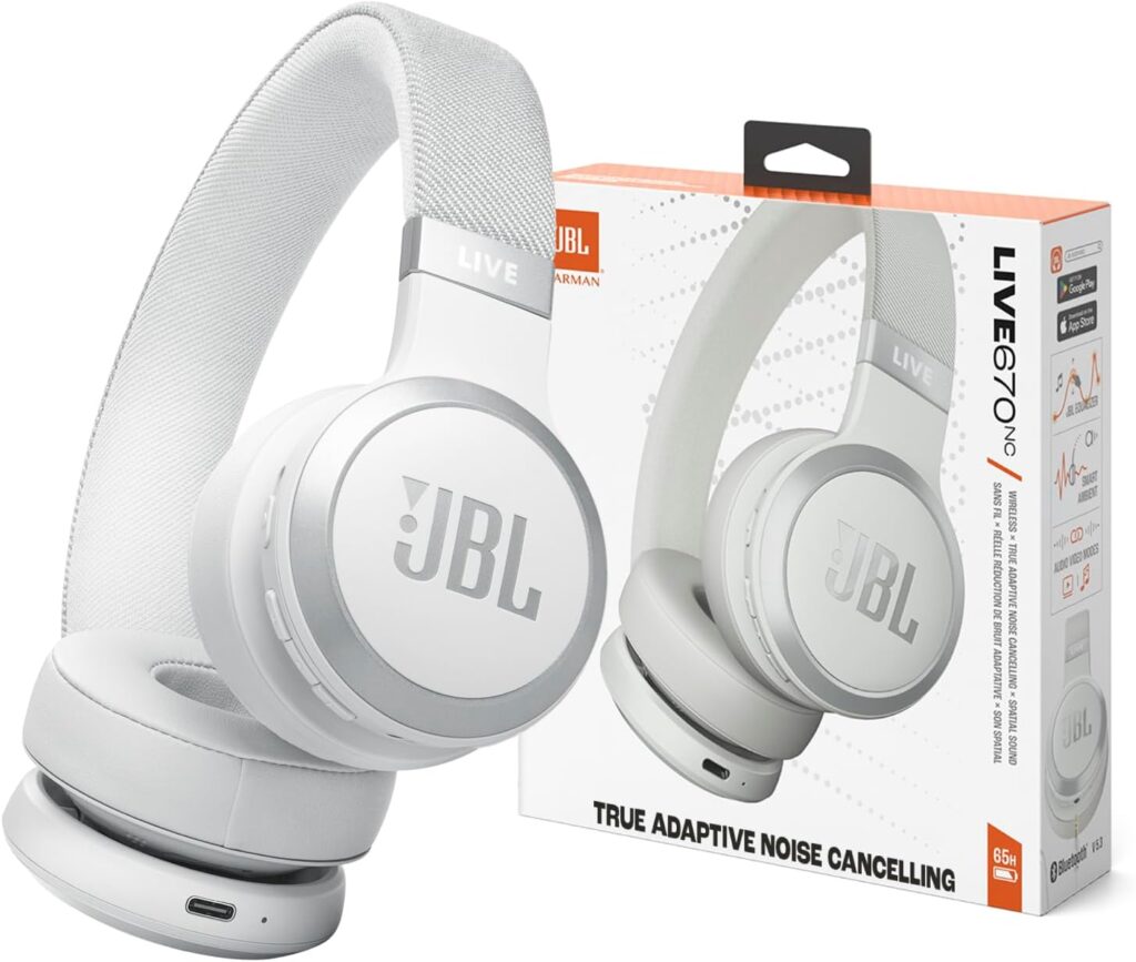 JBL Live 670NC - Wireless On-Ear Headphones with Adaptive Noise Cancelling with Smart Ambient, Up to 65H Battery Life with Speed Charge, Lightweight, Comfortable and Foldable Design (White)