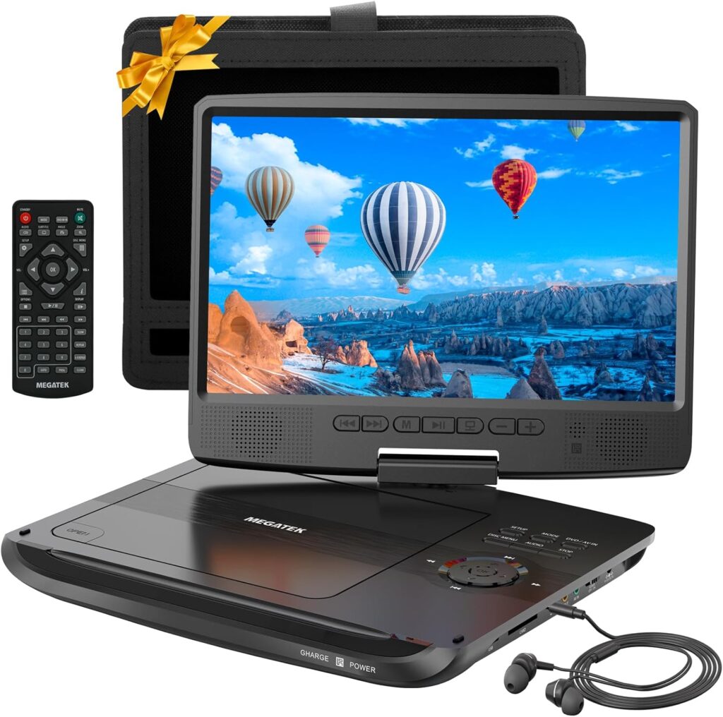 Megatek 12.5" Portable DVD Player with Headphones, Extended 6-Hour Battery, 10.5" HD Swivel Screen, Supports CD/DVD/USB/SD Card, Car Headrest Mount, Car Charger, AC Power Adapter, Remote Control